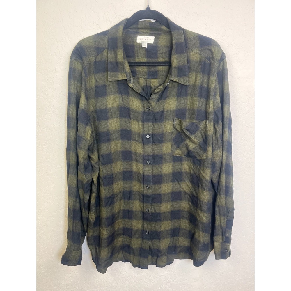 Lucky Brand Flannel Womens Size Small Green Flannel Plaid Pullover Blouse